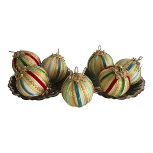 Vintage Set of 7 Ribbon Beads Christmas Ornaments Greens, Reds, Blues