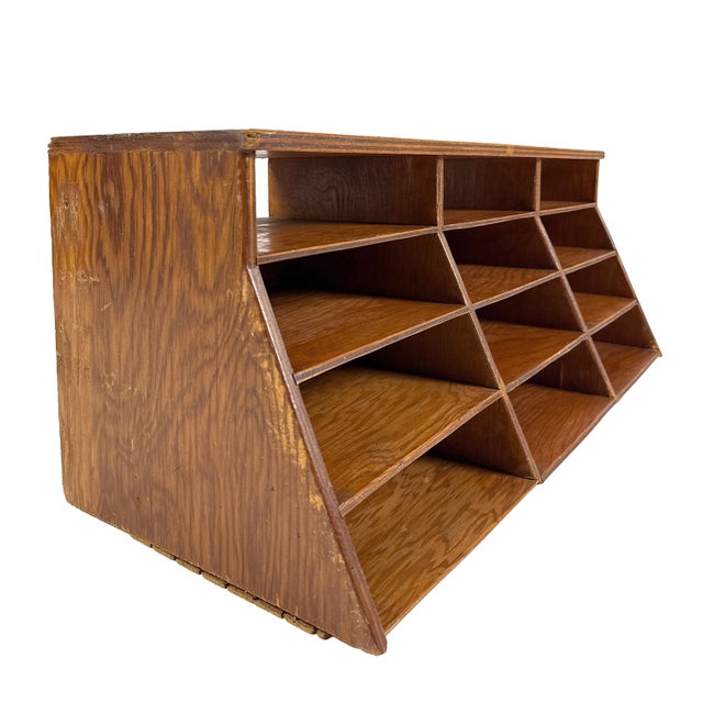 Wood Vintage 1950s Large Modernist Wooden Desktop Cubby W/ Angled Slotted Compartments - Handmade Office Storage Organizer For Sale - Image 7 of 12