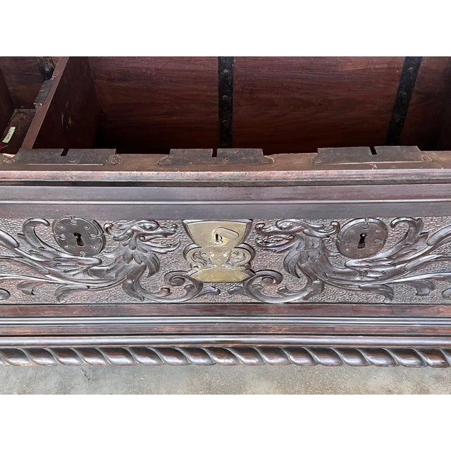 19th Century Spanish Carved Cassone Trunk with Original Hardware and Three Locks For Sale - Image 10 of 18