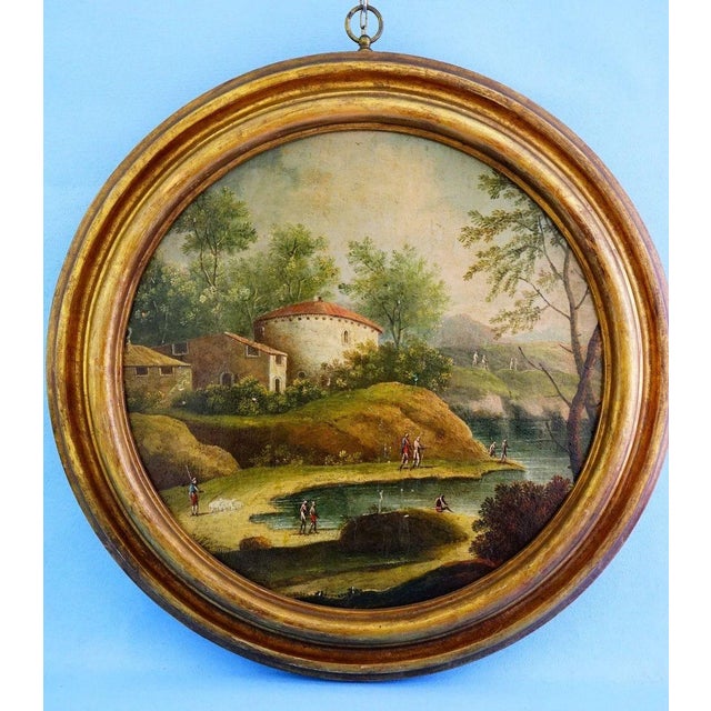 Lake Landscape, 18th Century, Oil Painting on Circular Panel, Framed For Sale - Image 14 of 14