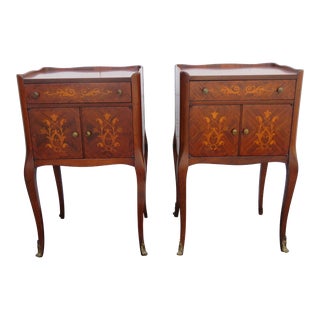 French Inlay Tall Nightstands Side End Bedside Tables Commodes a Pair For Sale