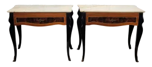 Italian Art Deco Marquetry Wood & Marble Top Bedside Tables, 1950s, Set of 2