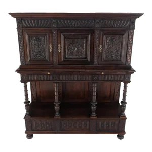 Carved Oak Jacobean Style 3 Doors Drawers Server Credenza Cabinet Cupboard