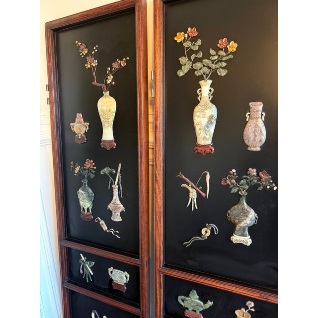 Late 19th Century Chinese Lacquered Wood Folding Floor Screen with Gemstone Inlays For Sale - Image 5 of 18