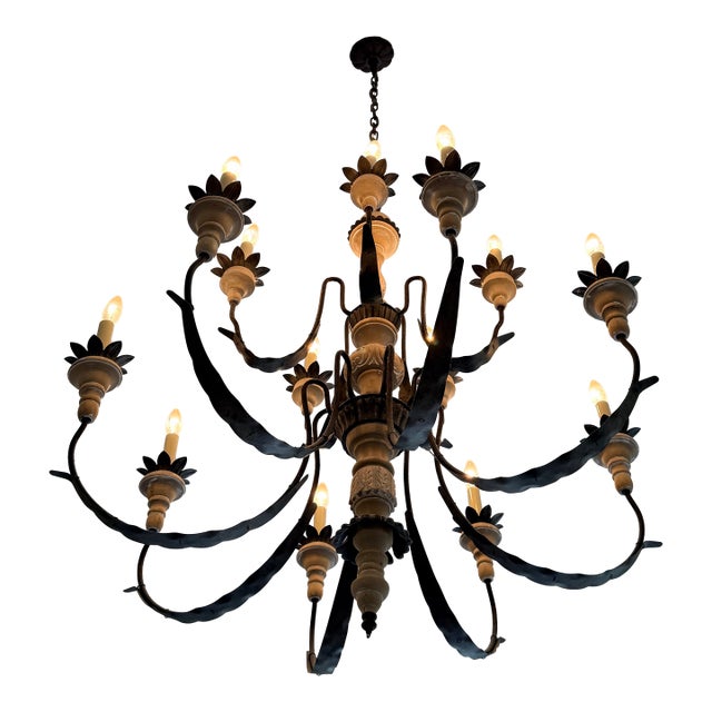Large Spanish Revival Style Forged Iron Twelve-Light Chandelier For Sale