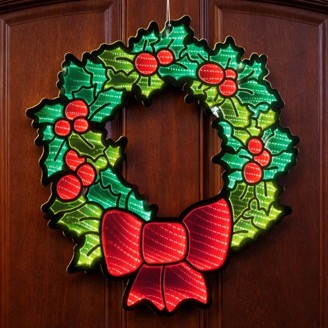 Contemporary Hanging Holly Wreath with Bow Ekkolight 24"H For Sale - Image 3 of 4