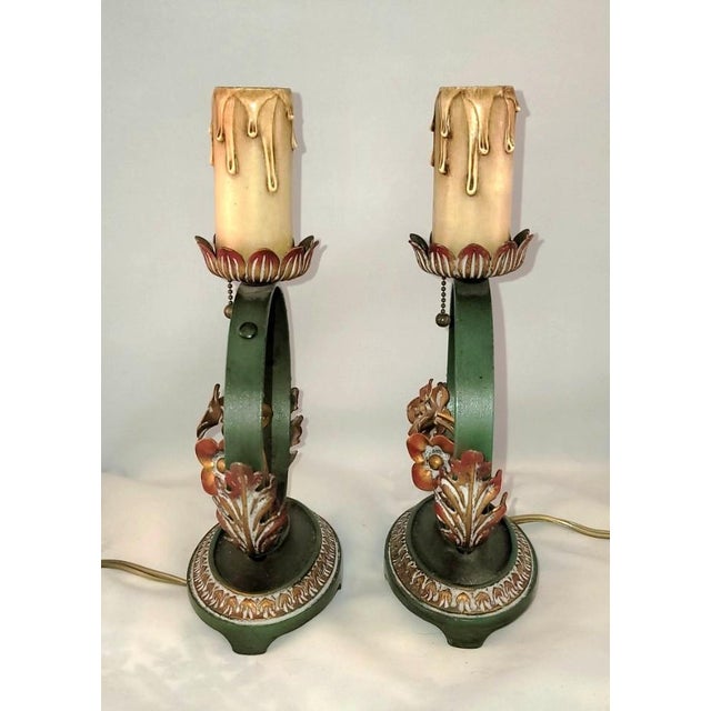 Spanish Revival Very Rare Pair of 1920s Moe Bridges Art Nouveau Floral Design Boudoir Lamps For Sale - Image 3 of 12