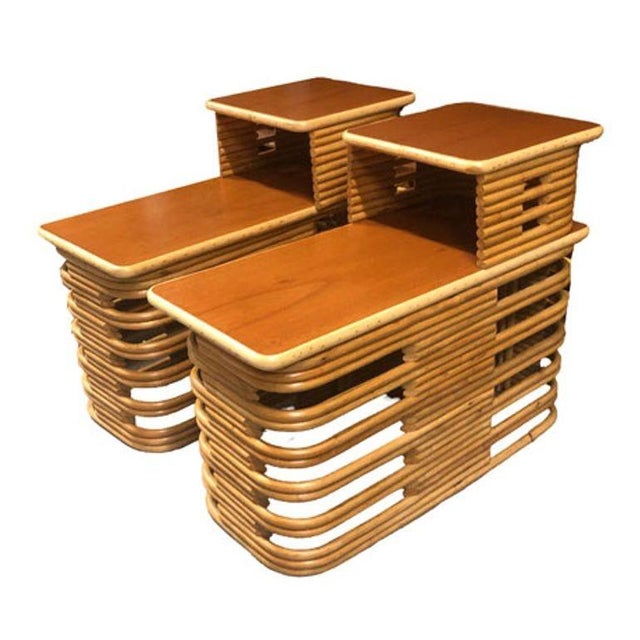 1950s 1950s Restored Stacked Rattan & Mahogany Side/Corner Table 3 Piece Set For Sale - Image 5 of 11