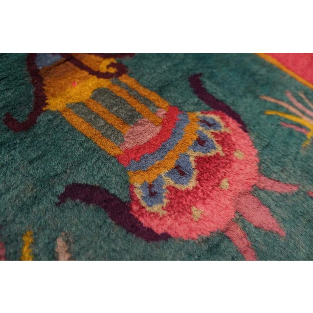 Textile 1920s Green Garden Landscape Antique Chinese Art Deco Carpet 2' 6'' X 4' 5'' Knotted Wool Rug For Sale - Image 7 of 10