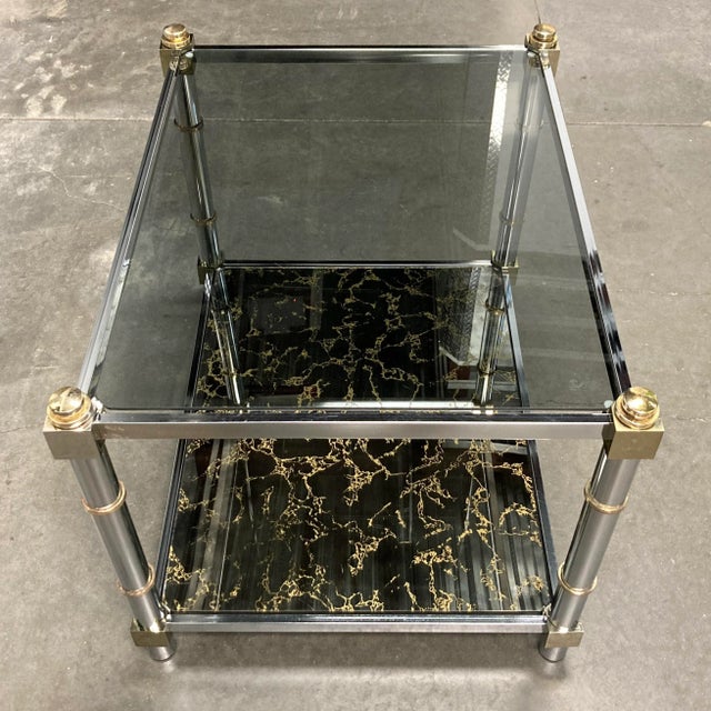 1980s Mid-Century Modern Chrome & Brass Tiered Glass End Table For Sale - Image 12 of 13