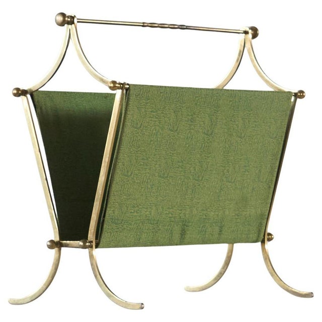Mid-Century Modern Magazine Rack in Patinated Brass and Green Fabric, 1940s For Sale - Image 9 of 9