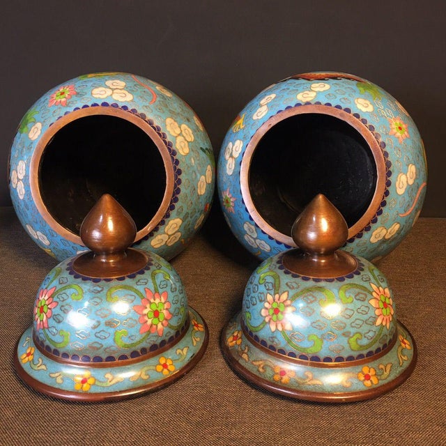 Pair of Monumental Chinese Cloisonné "Dragon & Phoenix" Covered Ginger Jars - 14.3 LBS For Sale In Los Angeles - Image 6 of 9