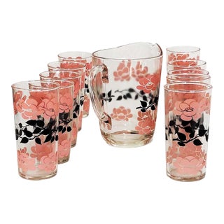 Retro Hazel Atlas Pink and Black Pitcher & Glassware Set - Set of 11 For Sale