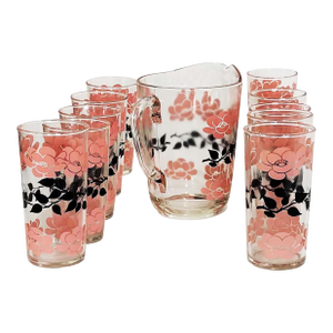 Retro Hazel Atlas Pink and Black Pitcher & Glassware Set - Set of 11