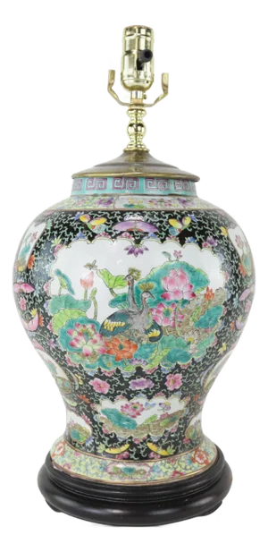 Chinese Famille Noire Porcelain Table Lamp With Birds & Florals