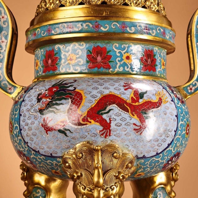 Pair of Large Cloisonné Enamel Gilt Bronze Dragon Boshan Censers For Sale In Los Angeles - Image 6 of 9