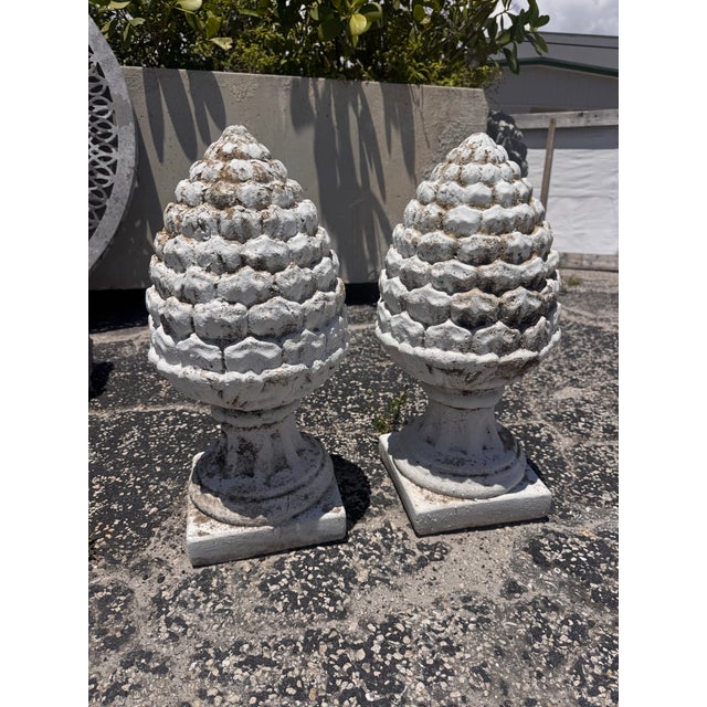 Pair of Vintage Weathered Pinecone Garden Finials For Sale - Image 4 of 11