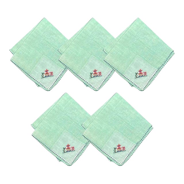 Chinoiserie Mint Green Square Embroidered Pagoda Motif Cloth Dinner Napkins - 5 For Sale