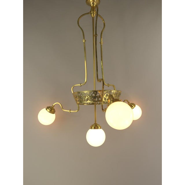 Art Nouveau Brass Chandelier with Four Light Sources from Bavaria, Germany, 1910s For Sale - Image 5 of 11