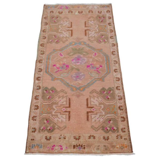 1960s 1960s Low Pile Hand Knotted Turkish Small Rug Faded Mat Accent Rug - 21'' X 45'' For Sale - Image 5 of 16