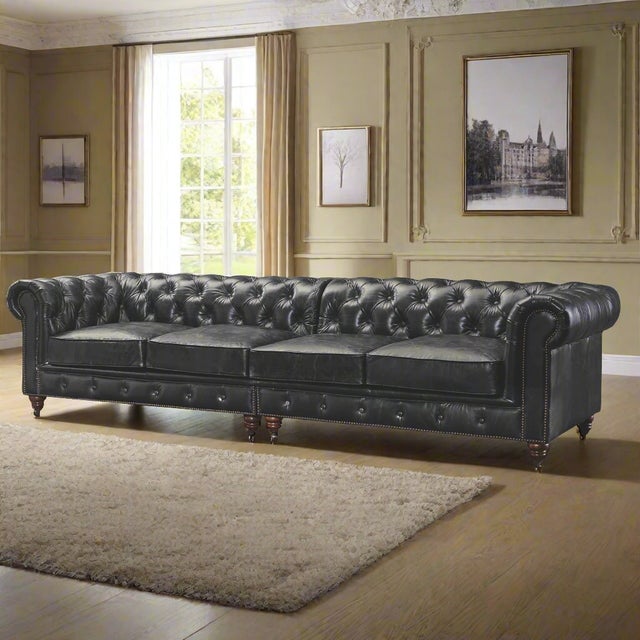 Century Chesterfield Sofa - Slate Leather - 118" For Sale In Chicago - Image 6 of 9