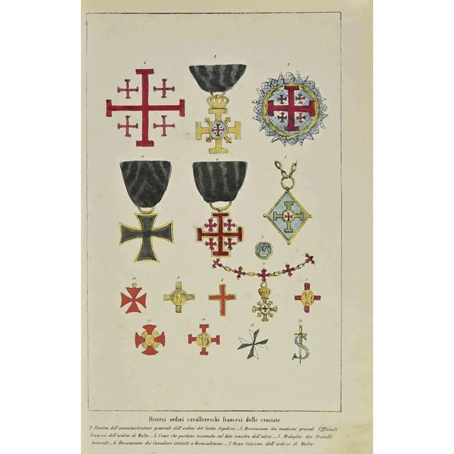 Different French orders of chivalry of the Crusades is a lithograph made by Auguste Wahlen in 1844. Hand colored. Good...