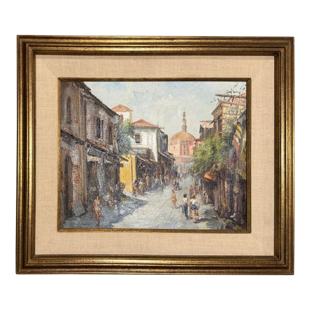 1960s Antonis L. Karafyllakis - Mediterranean Street Scene, Oil on Canvas For Sale