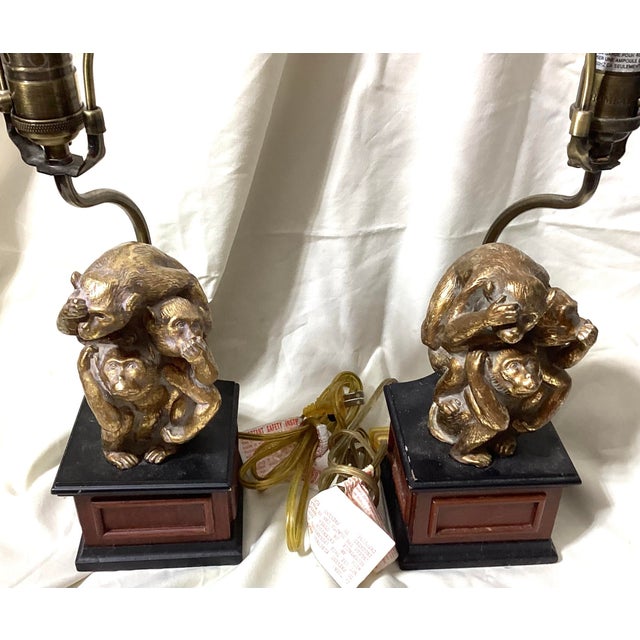 Bombay Monkey Brass Lamps. See No Evil, Hear No Evil, Speak No Evil - a Pair For Sale - Image 11 of 11
