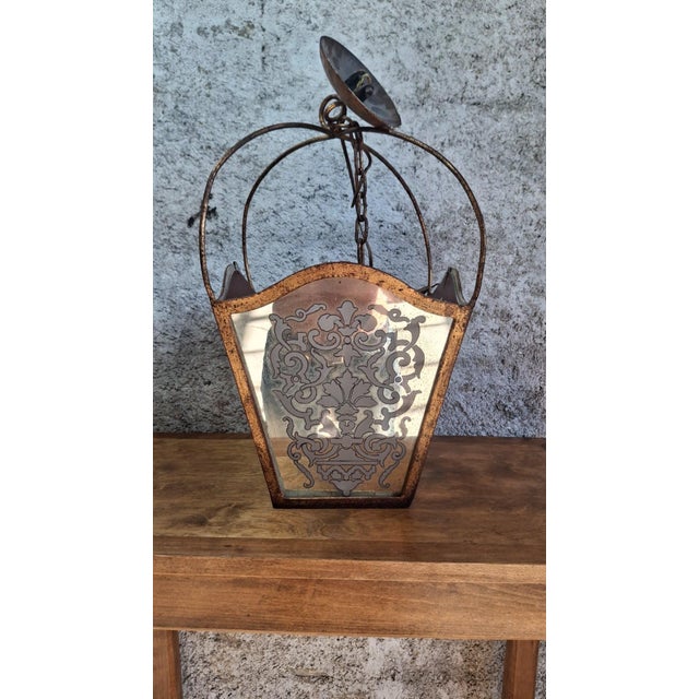 Napoleon III Hanging Lantern in Gilded Wrought Iron and Engraved Glass, 1800s For Sale - Image 4 of 10
