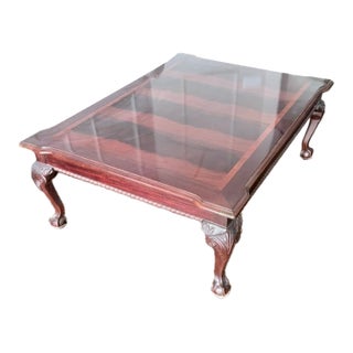 Late 20th Century Traditional Mahogany Coffee Table – Inlaid Veneer Top, Ball & Claw Feet For Sale