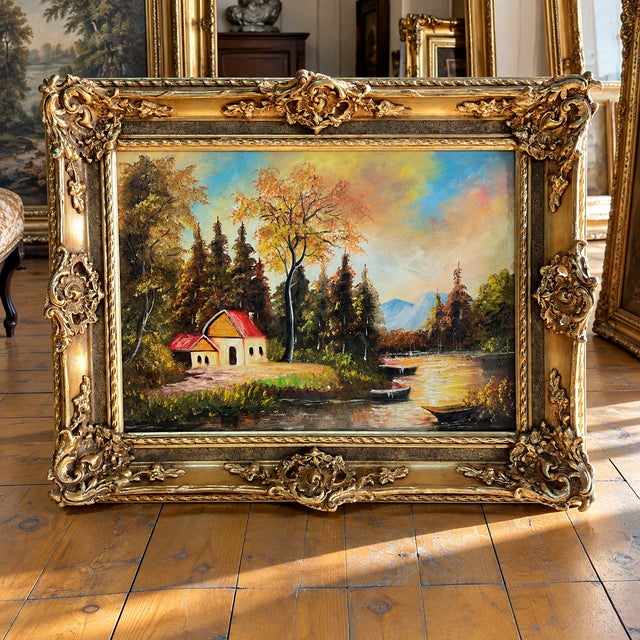 Rustic Rustic Woodland Landscape Painting – Lakeside Cottage Scene With Ornate Silver Leaf Frame For Sale - Image 3 of 3