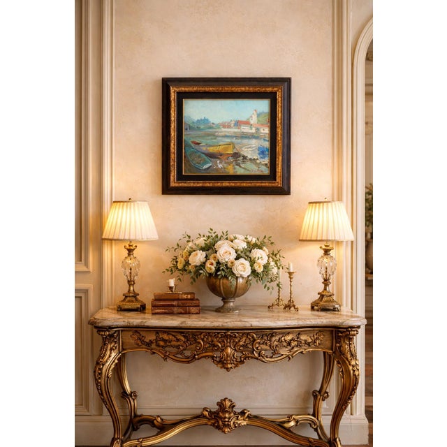 Mid 20th century French double sided oil painting featuring two distinct scenes, one depicting a quiet harbor with moored...