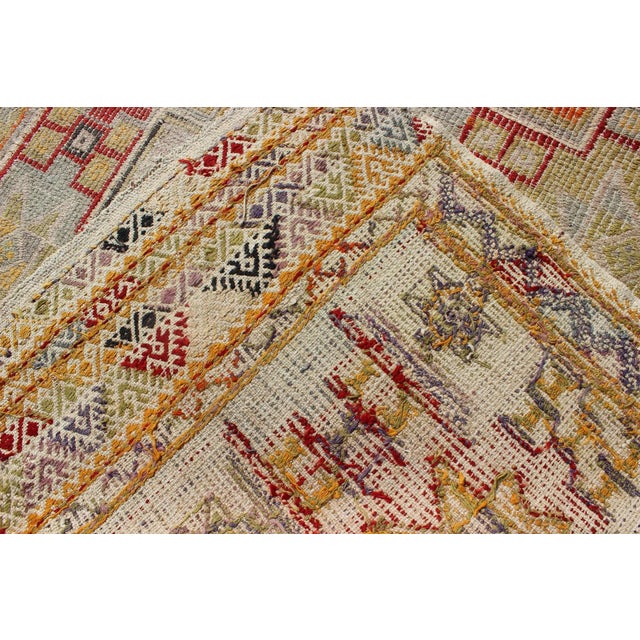 Textile Colorful Vintage Turkish Flat-Weave Tribal Modern Kilim With Embroideries For Sale - Image 7 of 8