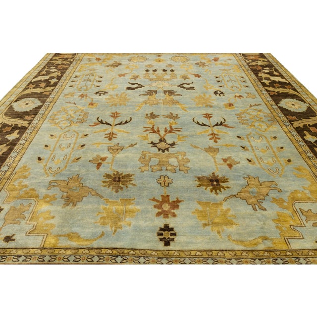 Modern Hand-Knotted Oushak Style Wool Area Rug in Soft Sky Blue and Ochre Gold For Sale - Image 9 of 12