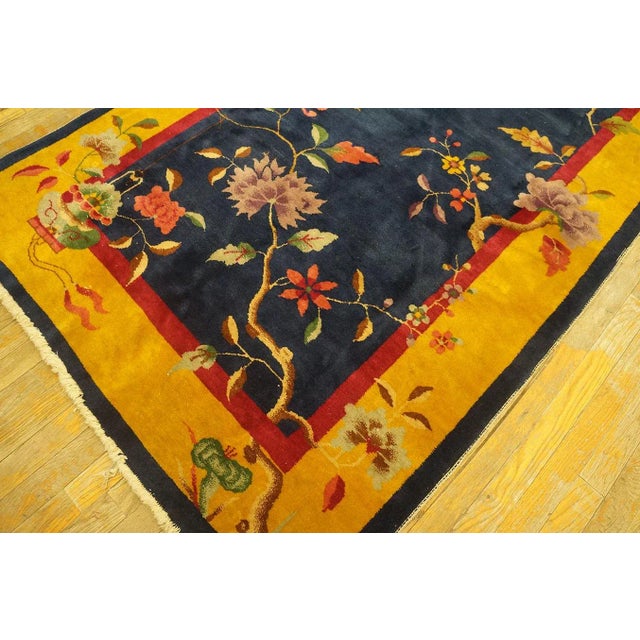 Lovely Navy Blue Background and Yellow Gold Border Color With Floral Design Antique Chinese Art Deco Rug For Sale - Image 11 of 12