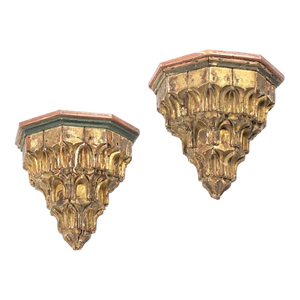 A Pair of Electrified Carved Gilt Wood Gothic Sconces