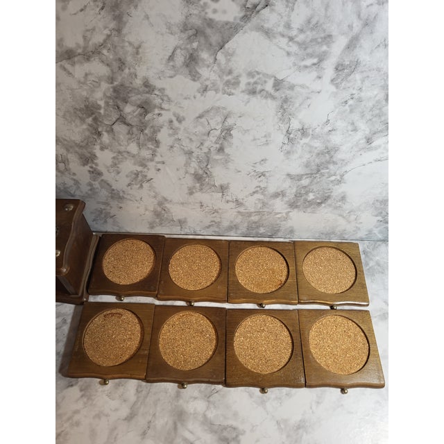 Brown Vintage Wood Cork Coaster Set - 8 Drawer Coasters in Chest For Sale - Image 8 of 17