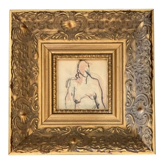 1950’s Original Abstract Small Female Nude Charcoal Drawing Chunky Gold Frame For Sale