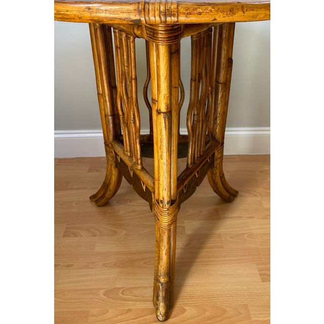 Vintage Coastal Bamboo & Rattan Round Side Table, Hollywood Regency Style, circa 1970s, Sculpted Bamboo Table with Hand-...