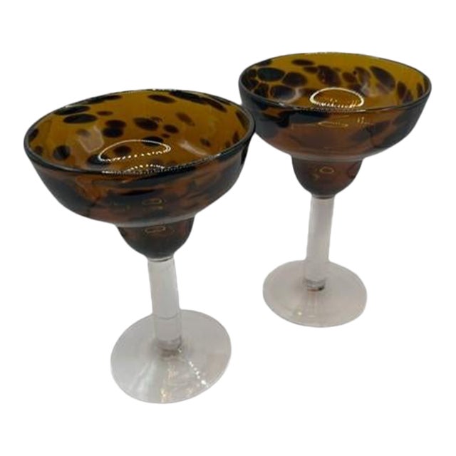 Vintage Hand Blown Tortoise Shell Margarita Glasses - Set of 2 For Sale