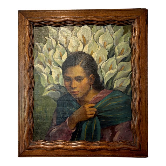 Mid 20th Century Framed Portrait of Young Woman With Calle Lilies Oil on Burlap by Jose Anastacio Munroy For Sale