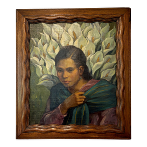 Mid 20th Century Framed Portrait of Young Woman With Calle Lilies Oil on Burlap by Jose Anastacio Munroy