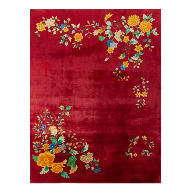 Hand-Knotted Vintage Chinese Art Deco Rug, Red and Gold FLoral Pattern For Sale In New York - Image 6 of 6