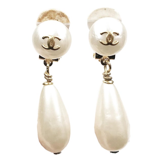 Chanel Vintage Gold Plated CC Pearl Tear Drop Dangle Clip on Earrings, A Pair For Sale