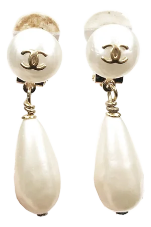 Chanel Vintage Gold Plated CC Pearl Tear Drop Dangle Clip on Earrings, A Pair