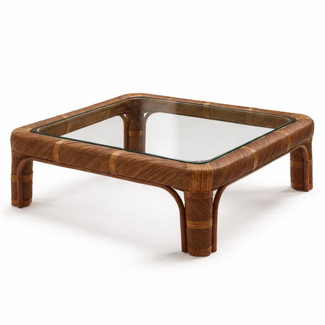 Ursula coffee table in stained rattan and tempered glass by popus editions. Dimensions: w 110 x d 110 x h 37 cm....