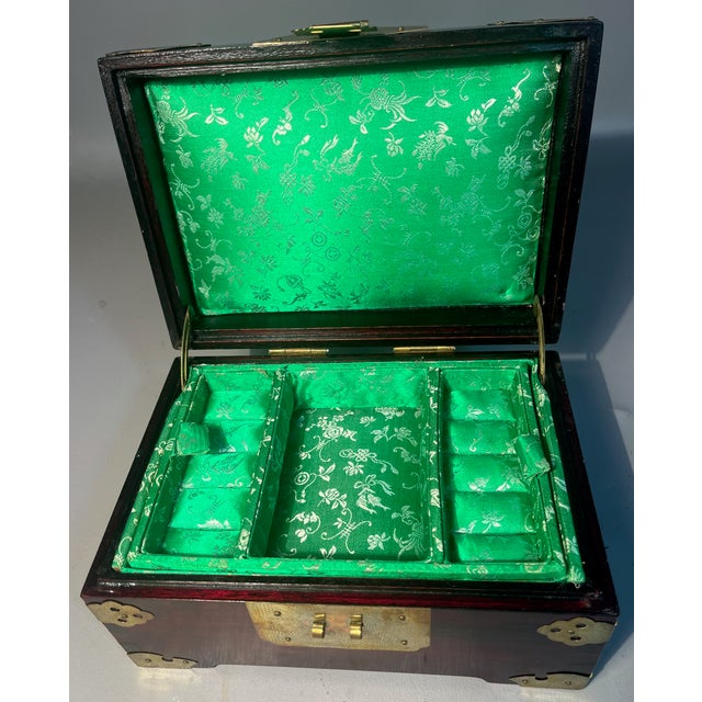 Rosewood Jewelry Box Brass Mounts Shanghai China Silk Brocade Lined For Sale - Image 4 of 9