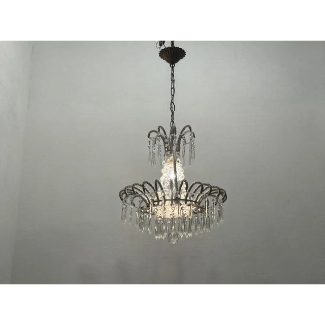 Vintage italian crystal beaded light pendant 1960’s white tiny beads cover the entire frame with hanging crystals. width...