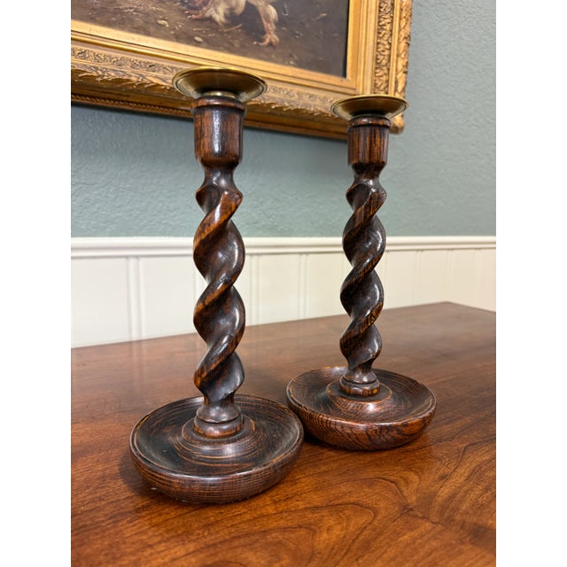 Antique English Barley Twist Candlesticks Candle Holders Oak Pair 10.5" Tall For Sale - Image 10 of 17