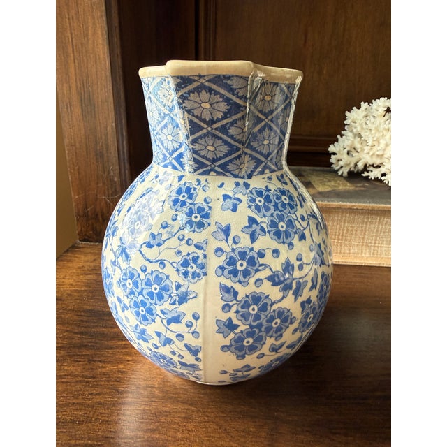 Ridgway Porcelain Antique W. Ridgway Blue White Transferware Pitcher, English Ironstone Water Jug, Victorian Floral Chinoiserie, Registered Design For Sale - Image 4 of 12
